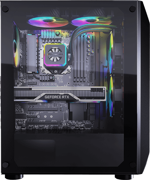 The transparent side panel displays the interior components and ARGB lighting clearly